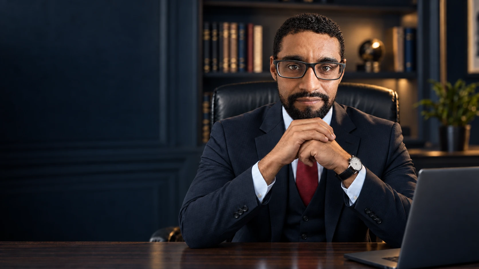 Joelson E. Gomes sentado à mesa do escritório, com as mãos entrelaçadas, terno azul-marinho e gravata vinho